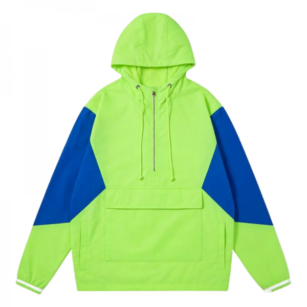 Neon Green & Blue Color-Block Half-Zip Hooded Jacket