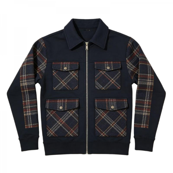 Navy Blue Collared Zip-Up Jacket with Plaid Pockets