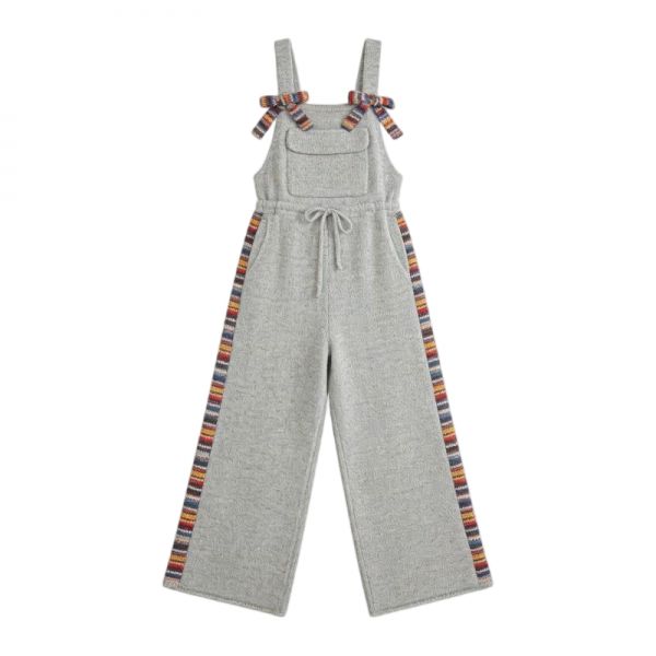 Gray Knit Overalls with Ethnic Striped Trim
