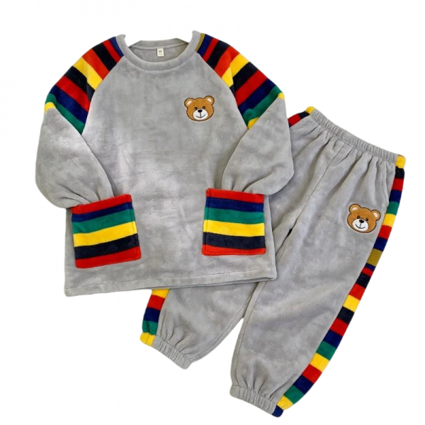 Gray Fleece Pajama Set with Teddy Bear & Rainbow Stripes