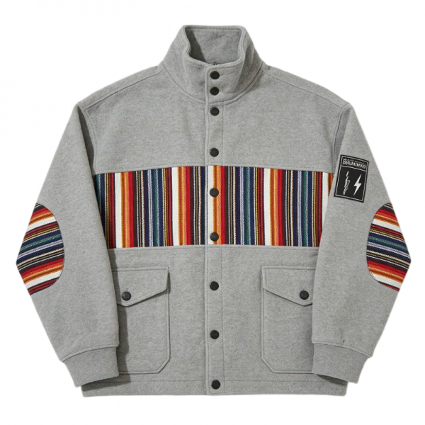 Gray Stand-Collar Jacket with Striped Patchwork