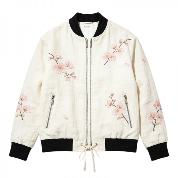 Cream Baseball Jacket with Cherry Blossom Embroidery