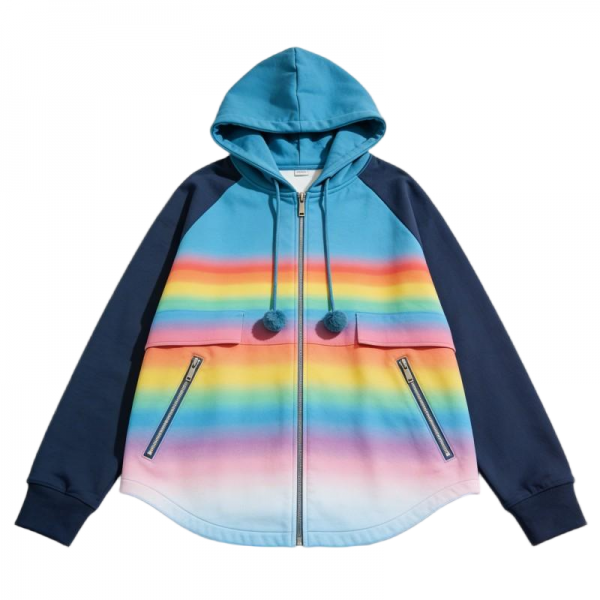 Blue-to-Pink Rainbow Ombre Hooded Jacket with Pom-Pom Details