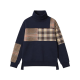 Navy Blue Turtleneck Sweatshirt with Plaid Patchwork
