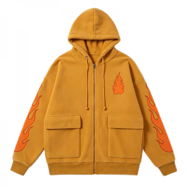 Mustard Yellow Zip-Up Hoodie with Flame Print