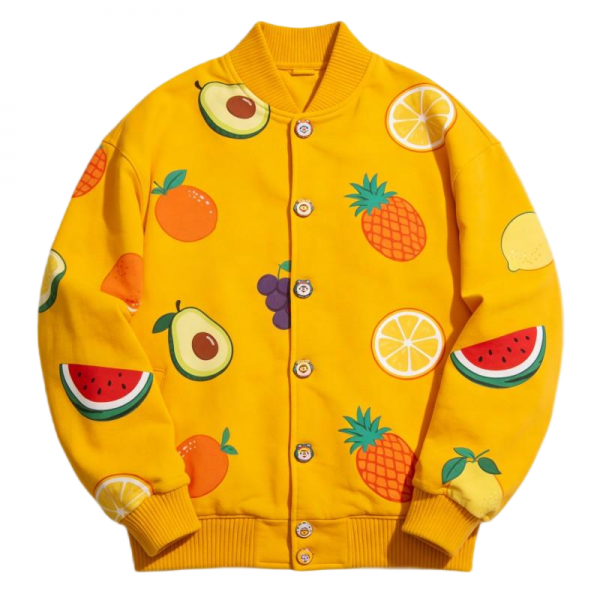 Yellow Baseball Jacket with Fruit Print & Cartoon Buttons